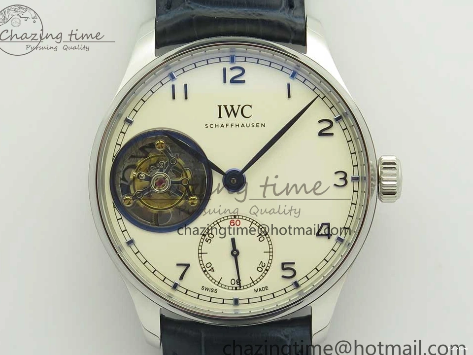 MIROTIME 0111 Cozy Portuguese Tourbillon IW5463 SS ZF Best Edition White Dial Blue Hands on Blue Leather Strap 7172